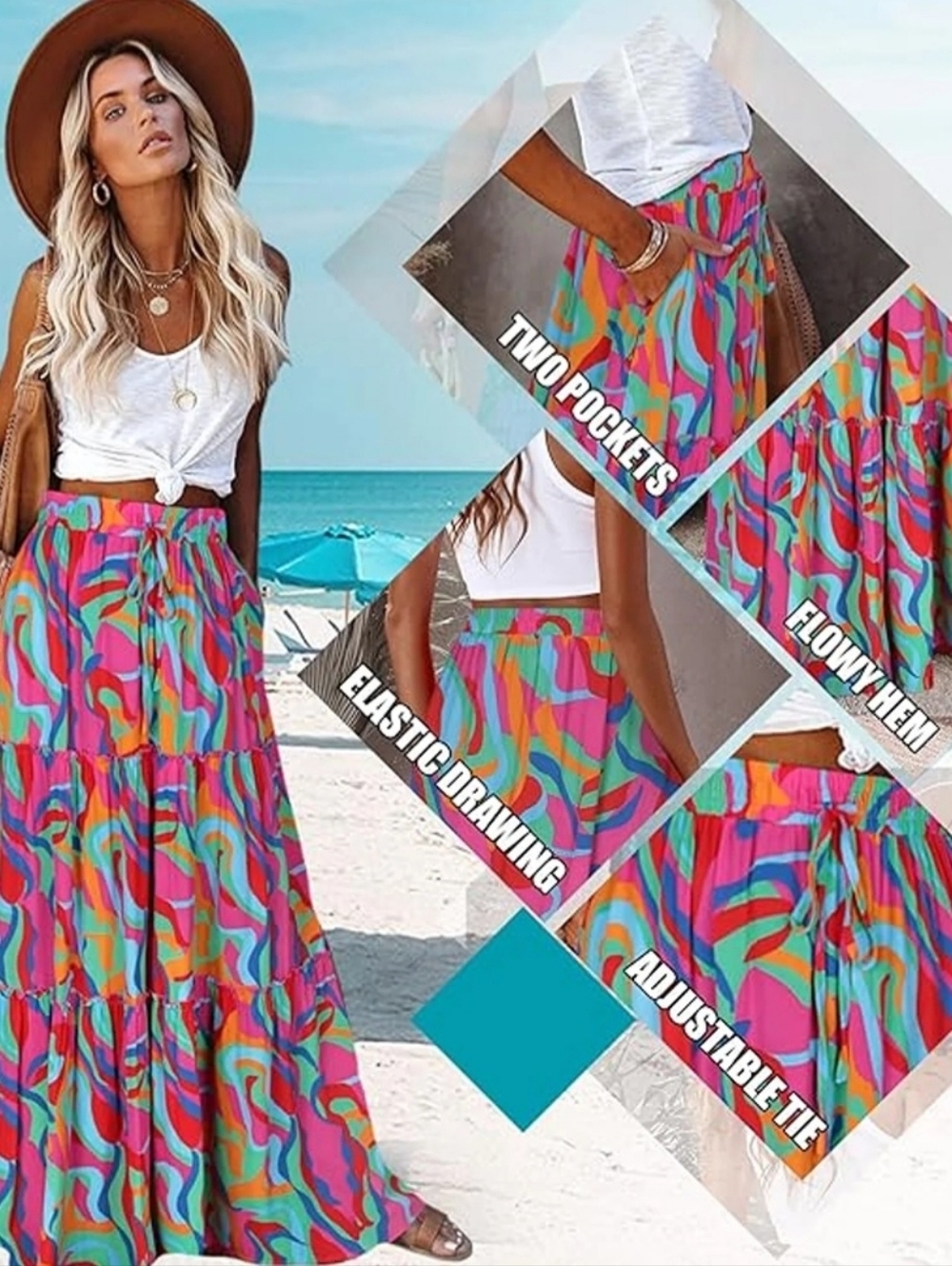 Elastic Waist A Line Midi Skirt Size S/M Drawstring Abstract Colorful Eclectic - Picture 2 of 15